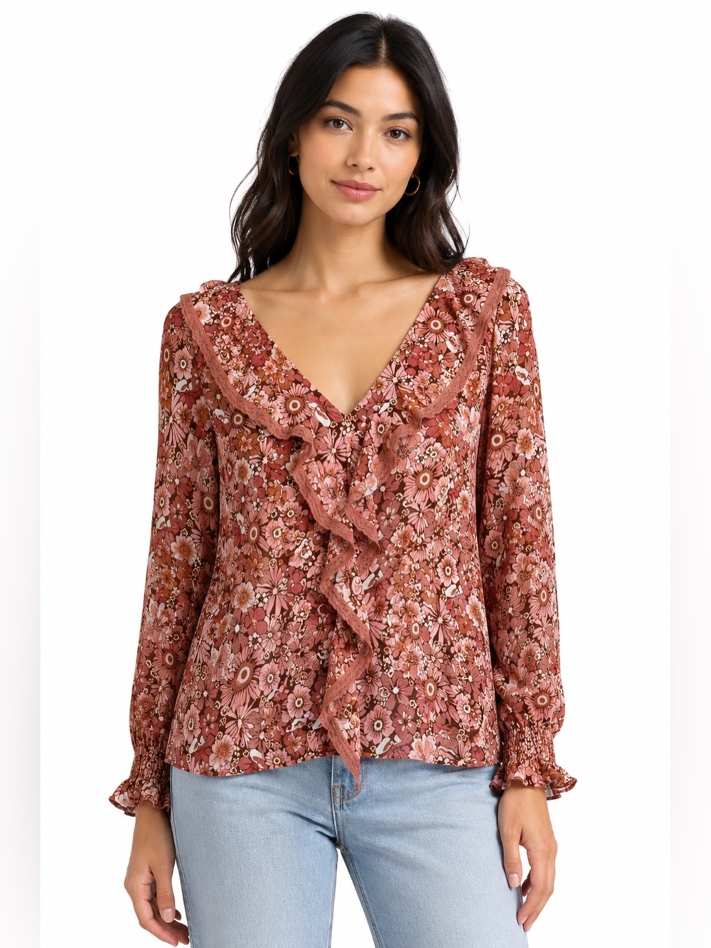 Wilfred Floral Ruffle V-Neck Blouse Pink Brown Boho Long Sleeve Size S